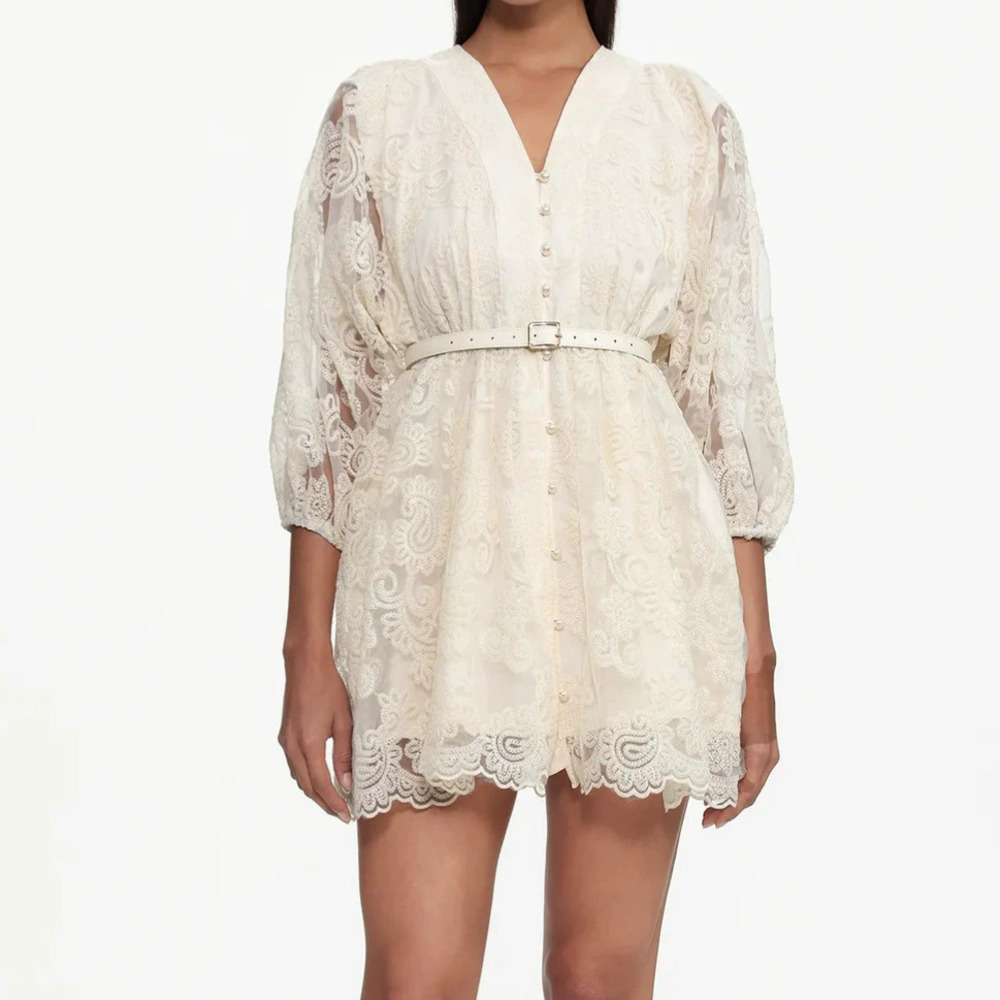 Forever 21 White Lace V-Neck Three Quarter Sleeve Belted Dress